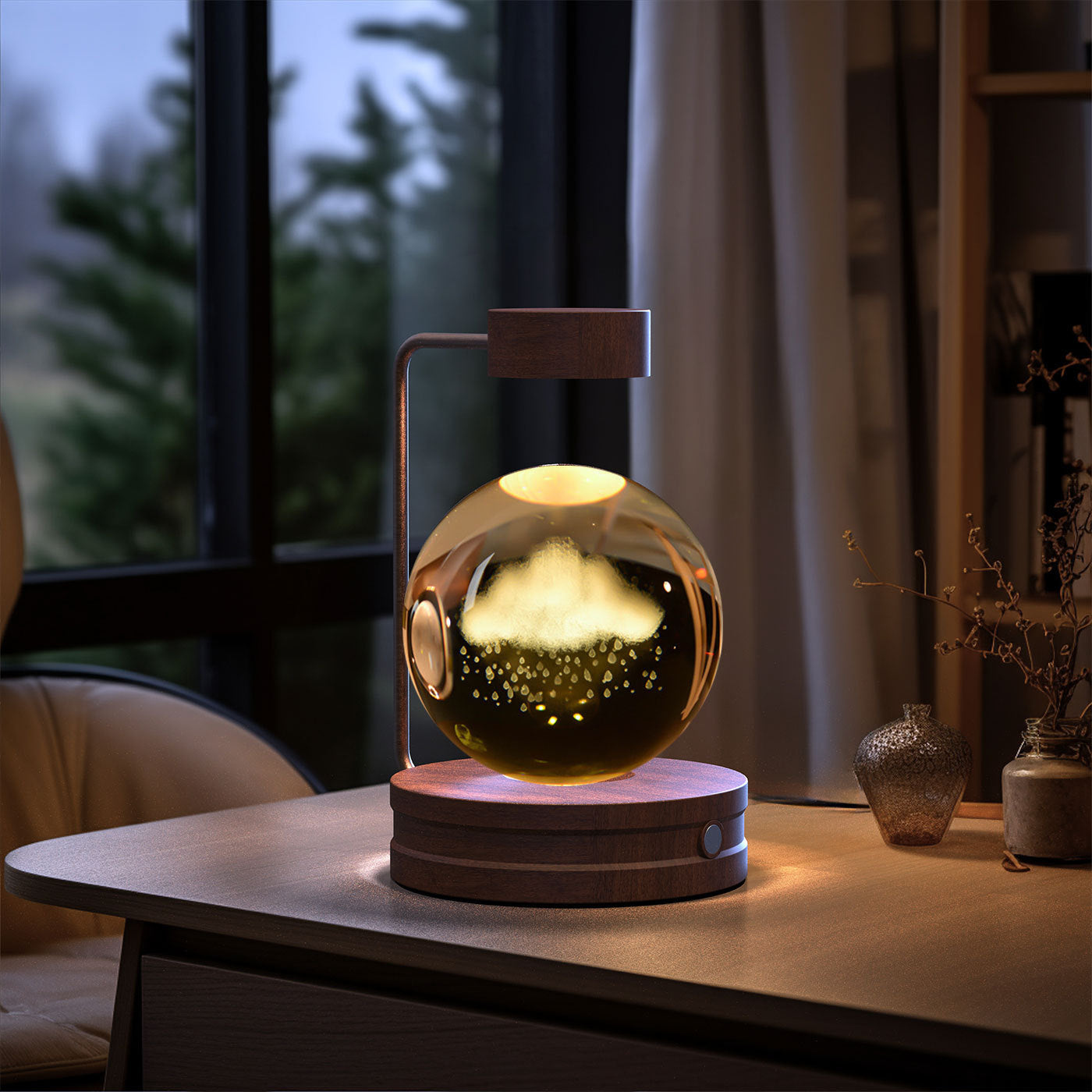 Moon 3D Crystal Ball Night Lamp USB table Light Wooden LED Base- Birthday Gift Home Decor