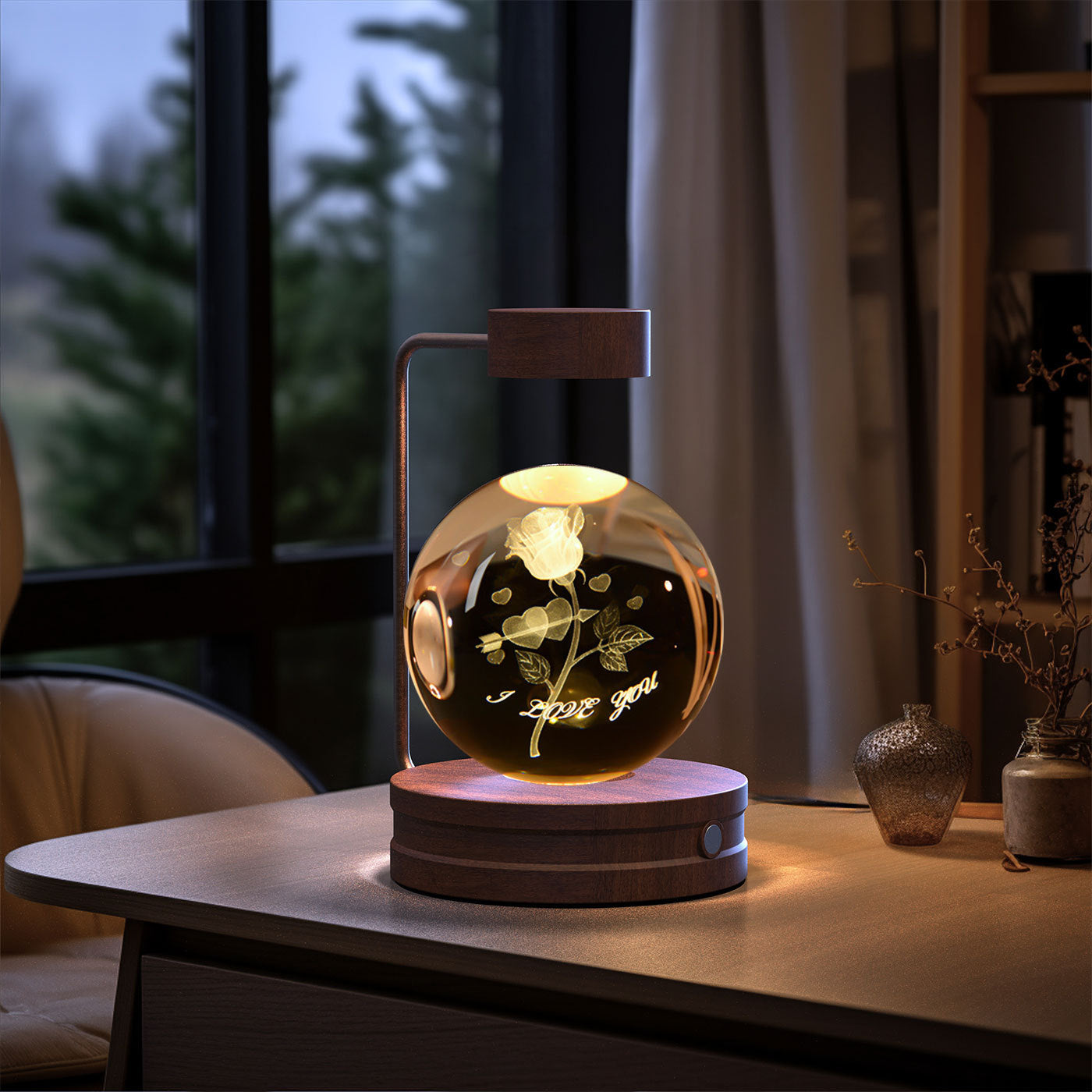 Moon 3D Crystal Ball Night Lamp USB table Light Wooden LED Base- Birthday Gift Home Decor