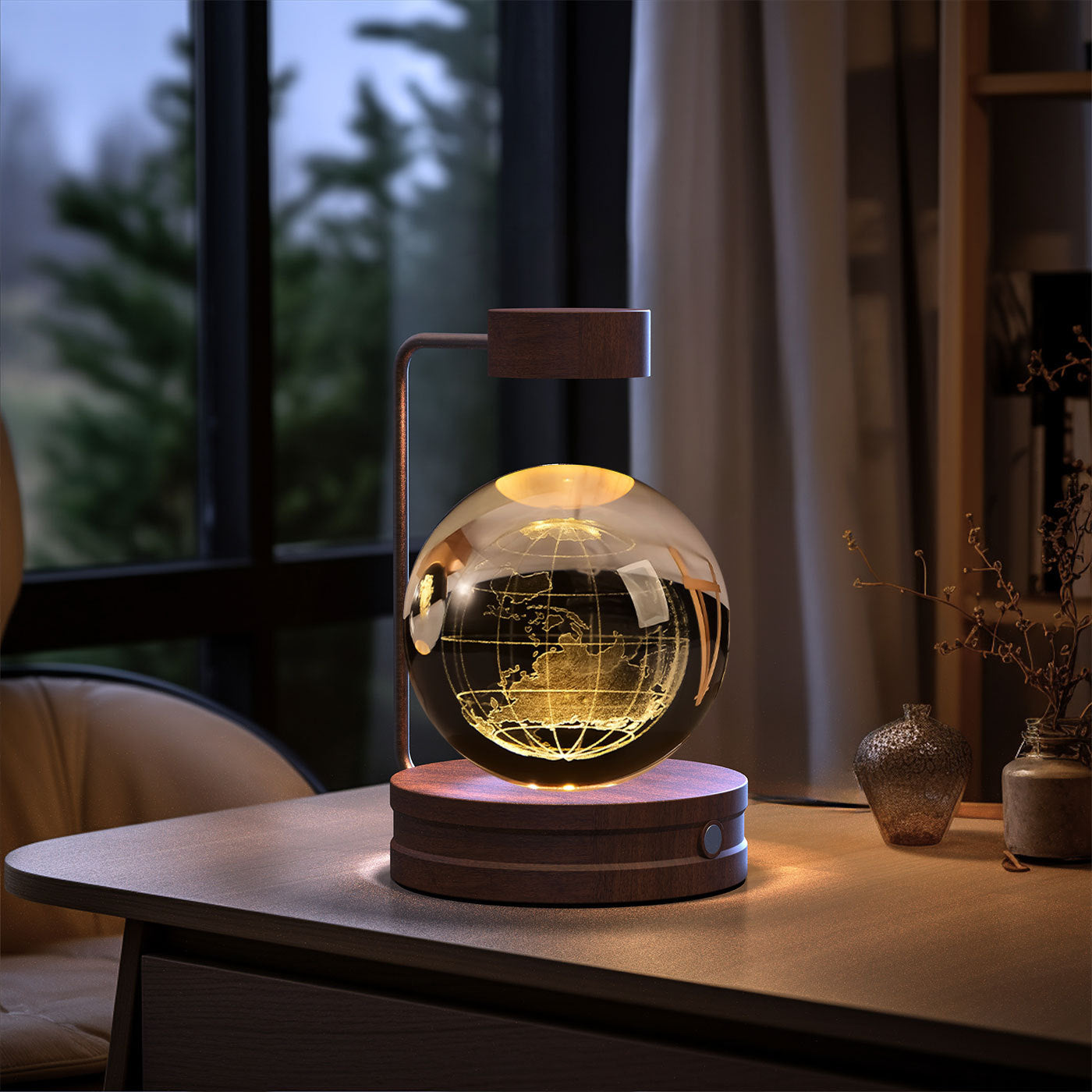 Moon 3D Crystal Ball Night Lamp USB table Light Wooden LED Base- Birthday Gift Home Decor