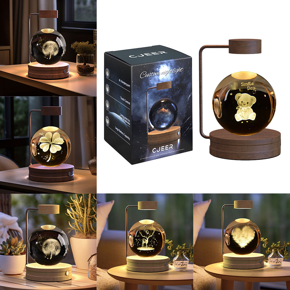 Moon 3D Crystal Ball Night Lamp USB table Light Wooden LED Base- Birthday Gift Home Decor